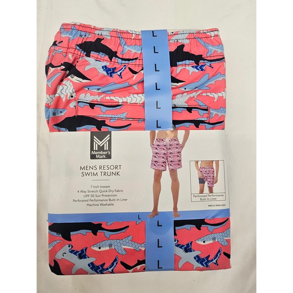 Member's Mark Mens‎ Resort Swim Trunk Pink Shark Print 7 Inch Inseam Large L